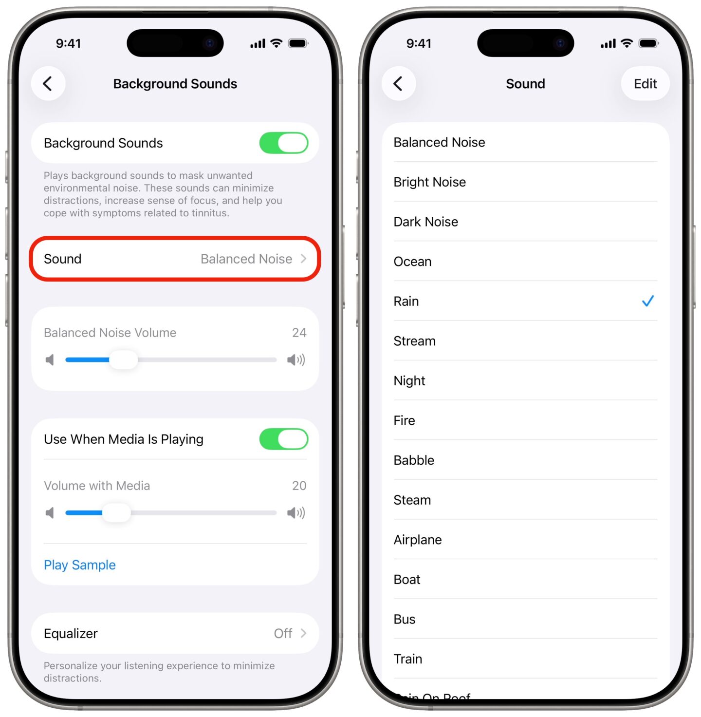 Choose Background Sounds Choosing a background sound to play.