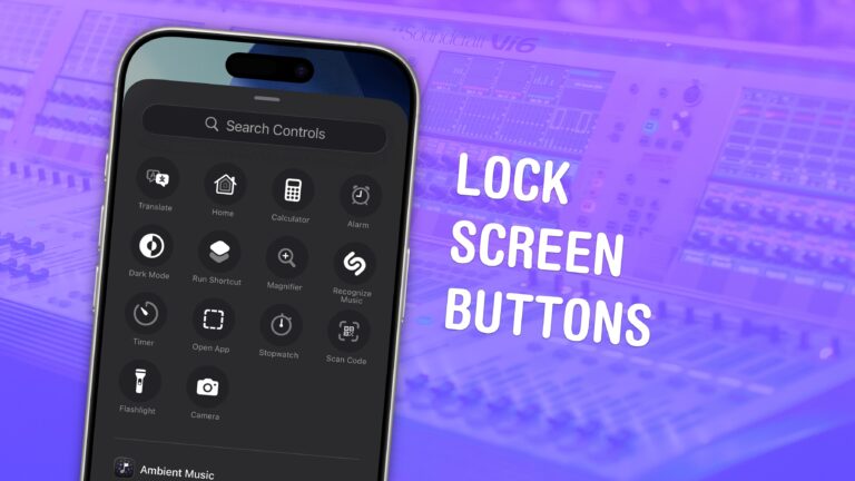 iPhone Lock Screen Buttons graphic, showing button options with a photo of a big sound switchboard