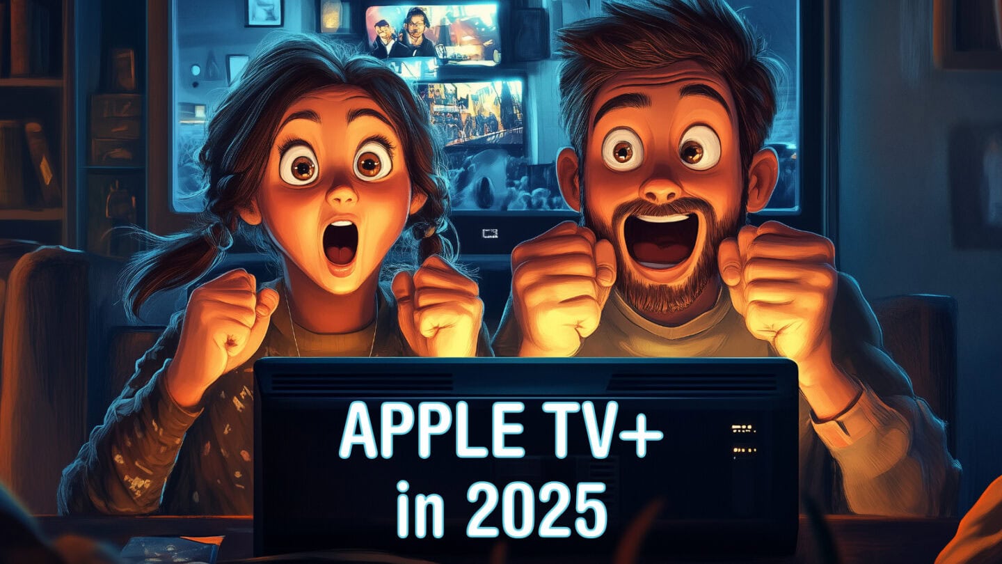 Drawing of two excited people watching a TV screen, with the words "Apple TV+ in 2025" on the back of the TV set.