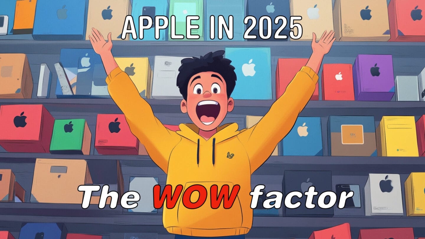 Cartoon image of happy shopper in front of a wall of new Apple products. Copy overlay says, "Apple in 2025: The WOW factor."