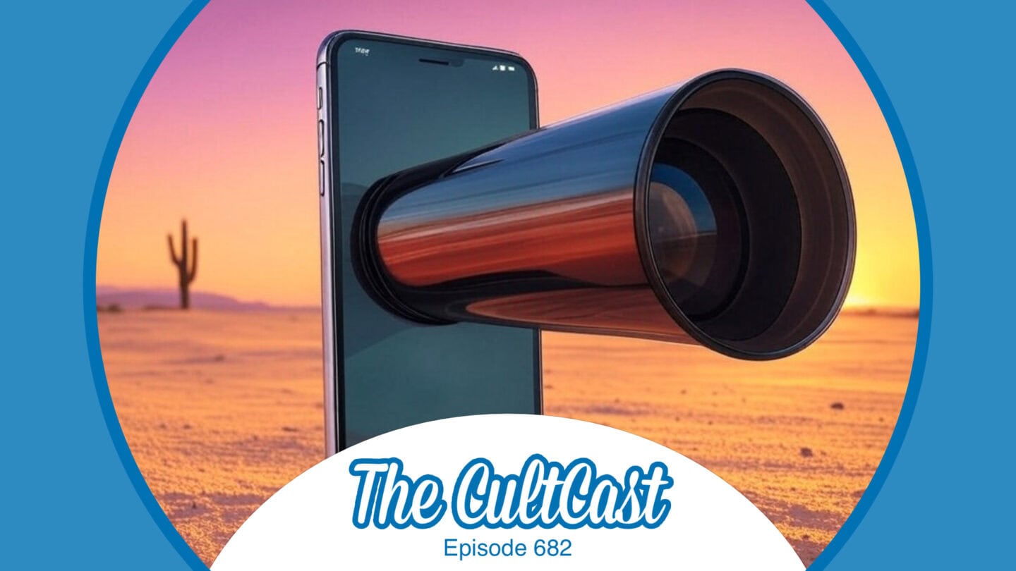 AI-generated cartoon image of iPhone 17 Pro with a comically long telephoto lens. The CultCast logo, episode 682.