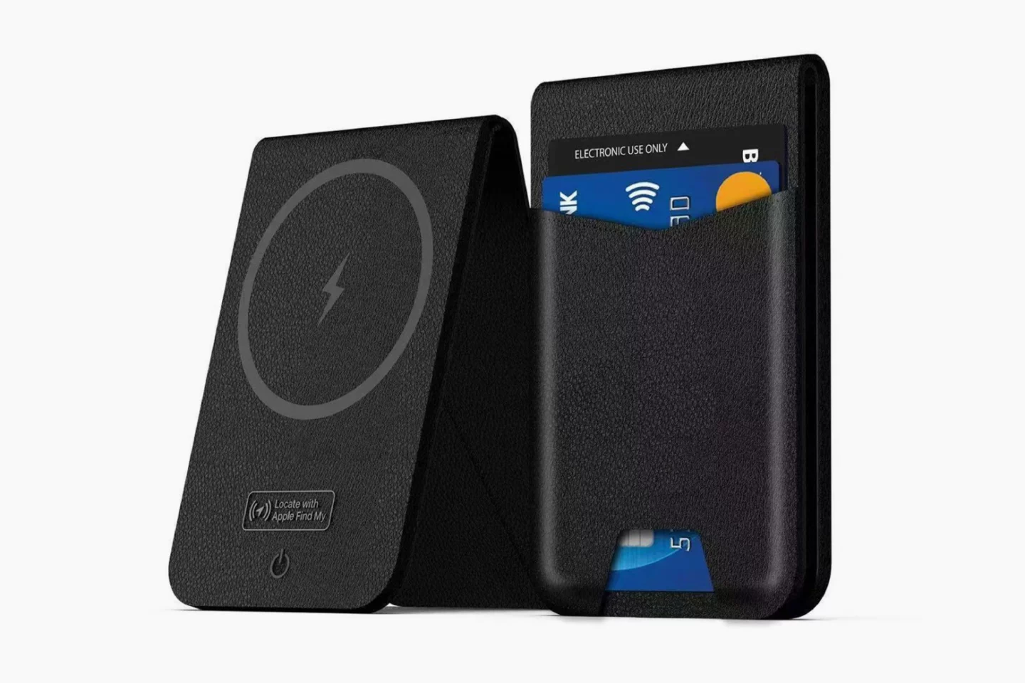 Photo of a folding MagSafe wallet with Find My that contains a blue credit card.