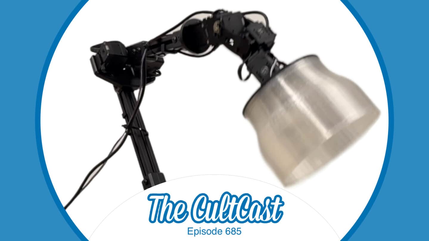 An image of Apple's robotic AI lamp, along with The CultCast logo (episode 685)