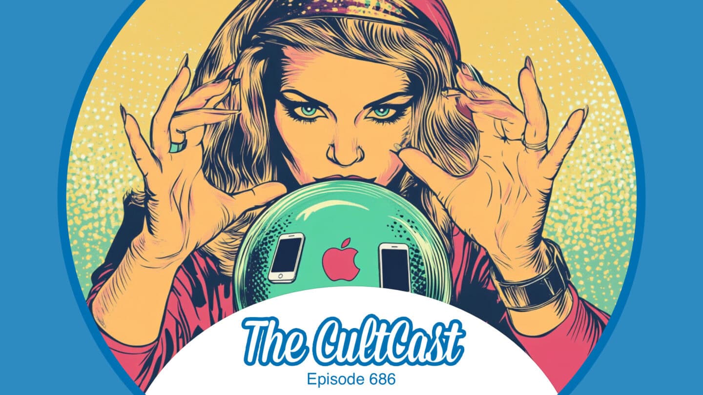 AI-generated cartoon image of a fortune teller looking at a crystal ball with Apple logo and tech products, plus "The CultCast" logo episode 686