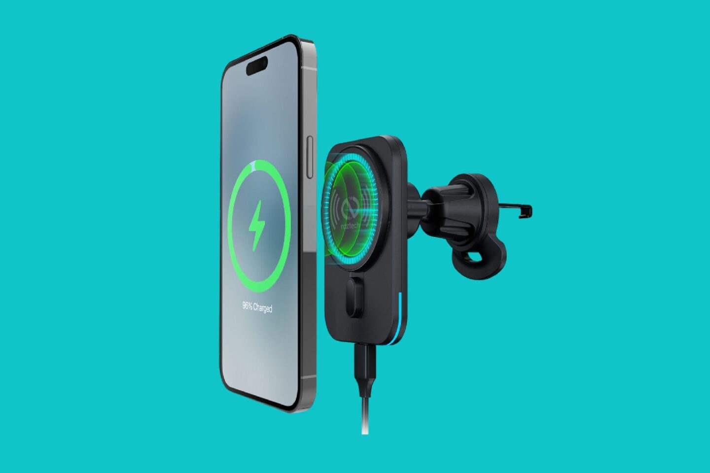 Product shot shows iPhone attached to MagLock MagSafe car charger.