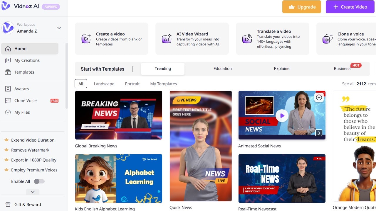 Vidnoz dashboard Image showing Vidnoz AI dashboard with many templates to choose from