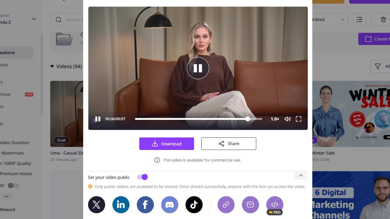 Vidnoz download Image showing how to download your finished video from Vidnoz AI