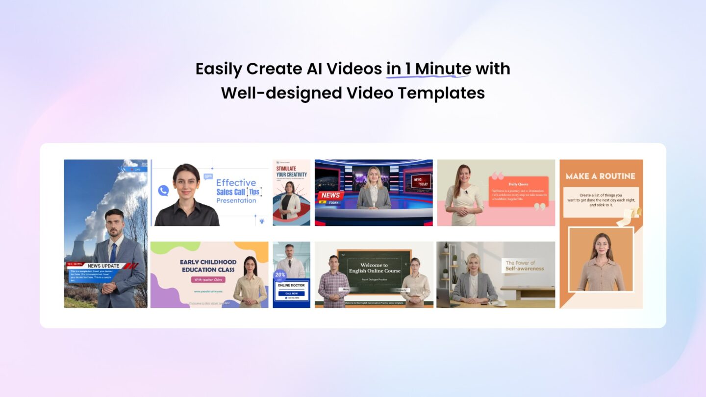 Vidnoz one minute Image showing Vidnoz AI templates, with the headline, "Easily create AI videos in 1 minute with well-designed video templates"