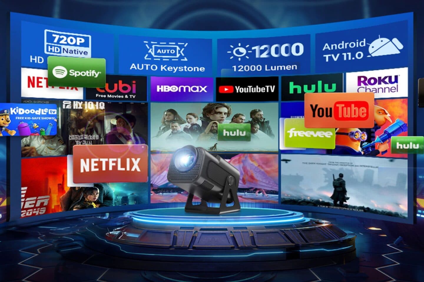 Photo of a mini projector on a table inside a living room.