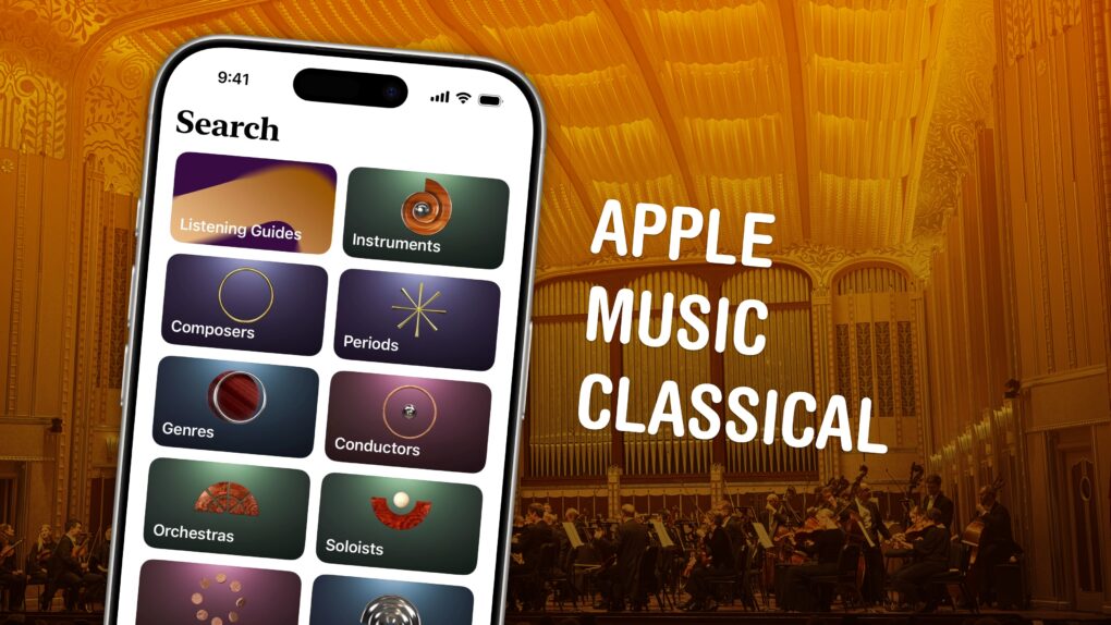Apple Music Classical graphic, showing the browse features and a photo of The Cleveland Orchestra.