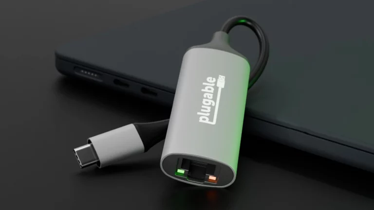 Add lightning-fast Ethernet to your MacBook effortlessly Plugable USBC-E50000 USB-C Ethernet Adapter
