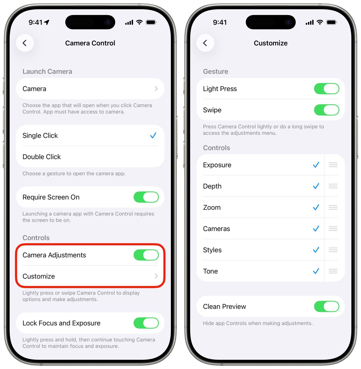 Camera Control settings, with Camera Adjustments highlighted.