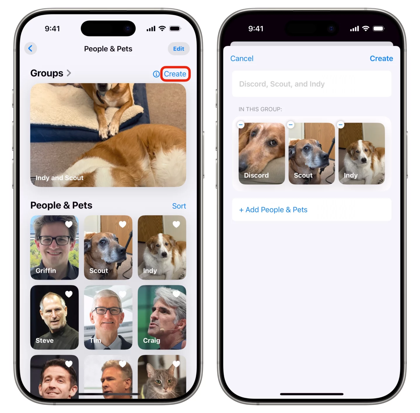 Create a Group iPhone screenshots of showing tags in the Photos app and creating a group of three pets