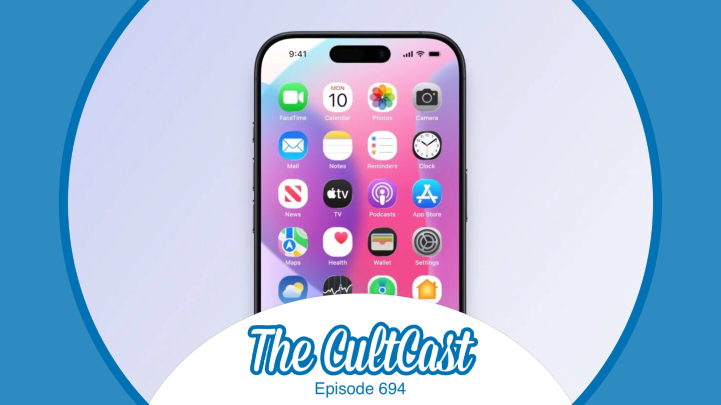 Image of iPhone with leaked iOS 19 Home Screen, along with "The CultCast" logo and episode No. 694