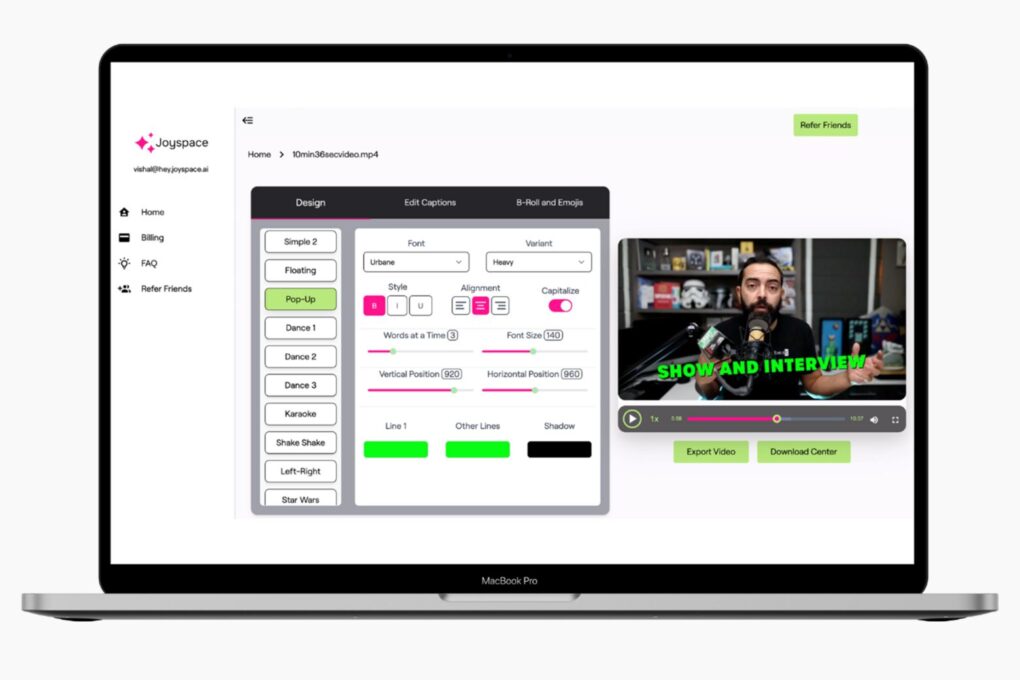Image of Joyspace AI captions tool on a latop.