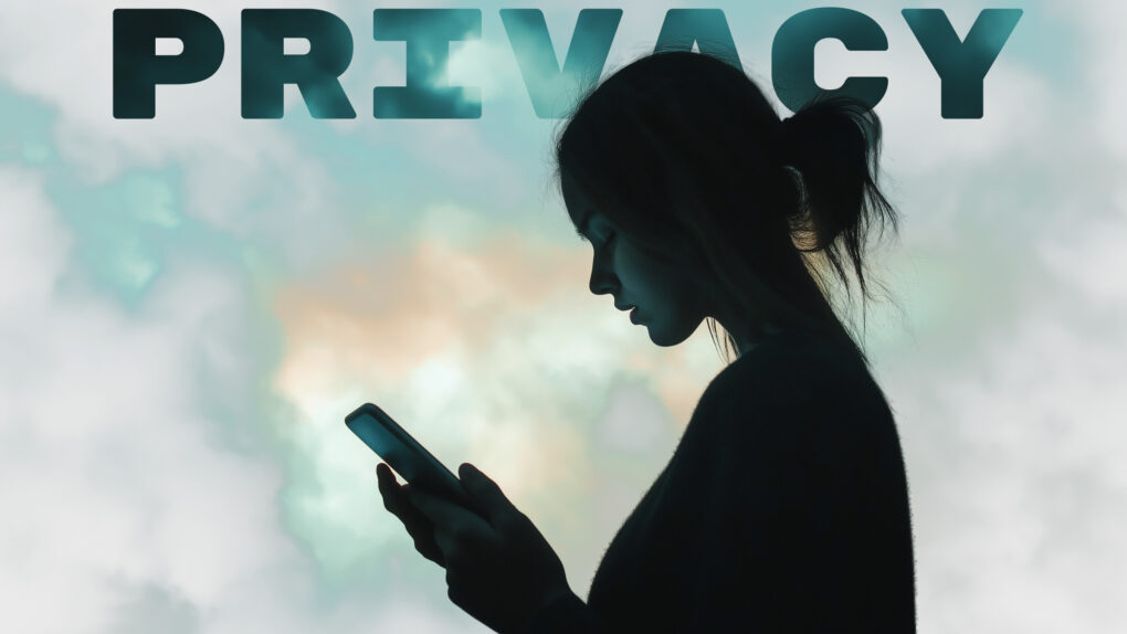 Silhouette of a woman looking at a smartphone with dark clouds behind her and the word 