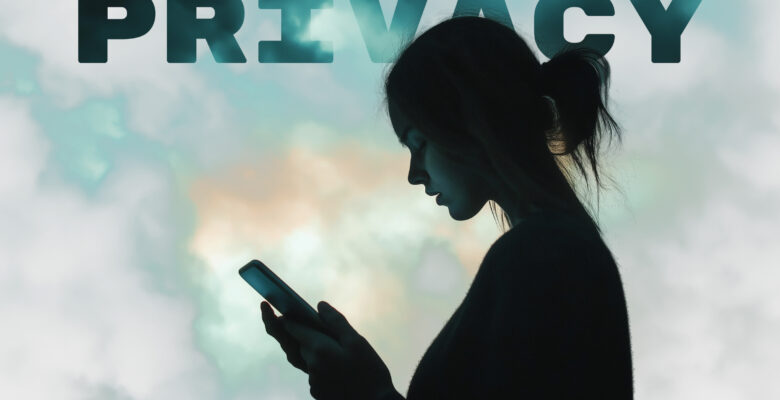 Silhouette of a woman looking at a smartphone with dark clouds behind her and the word "Privacy" in the sky.