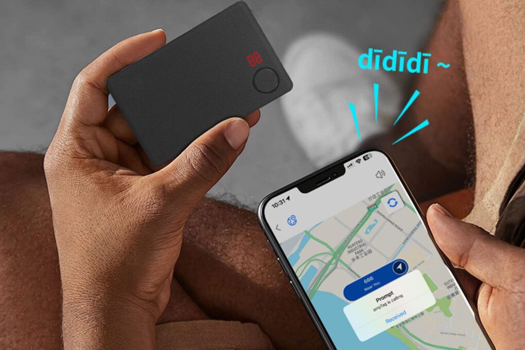 An iPhone locating a GPS wallet tracker card