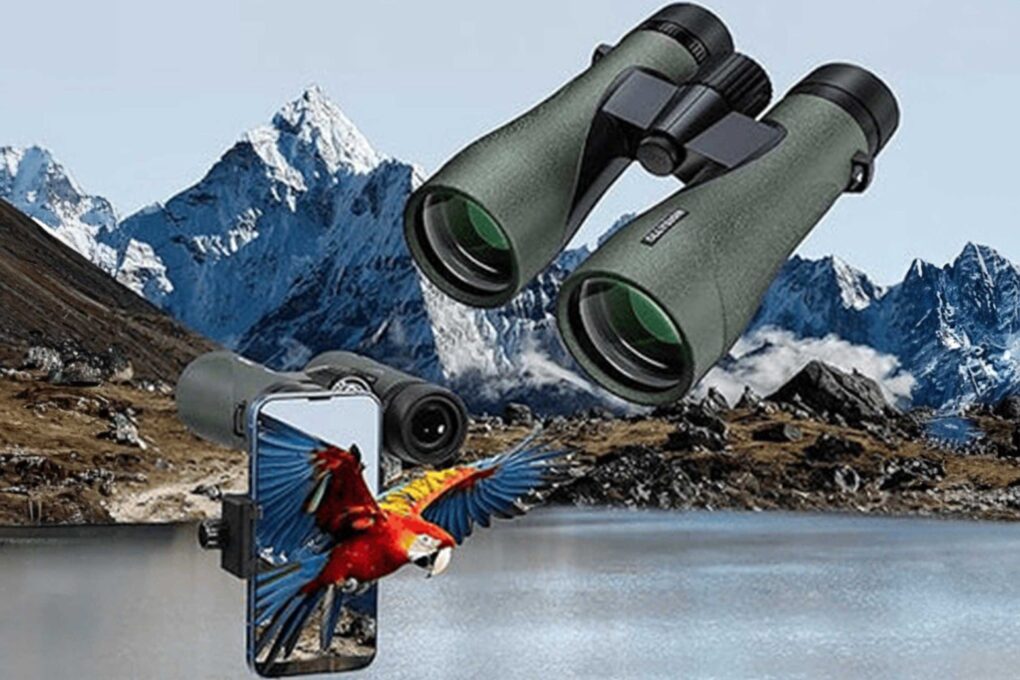 Binoculars with iPhone attached to the built-in adapter, with nature background