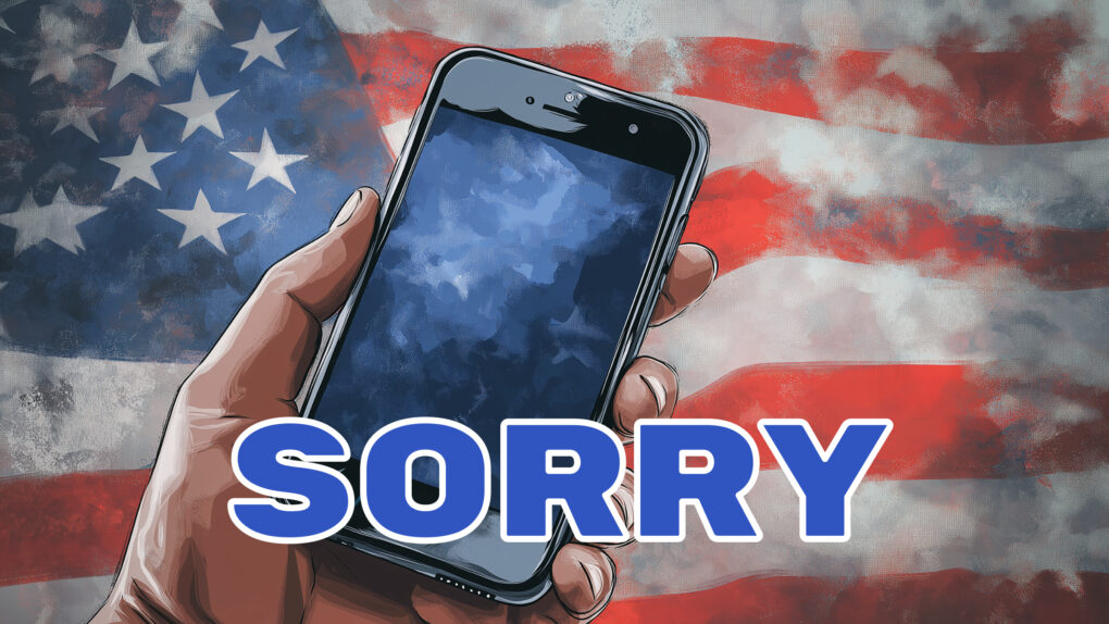 An AI image of a hand holding an iPhone in front of an American flag, with the word 