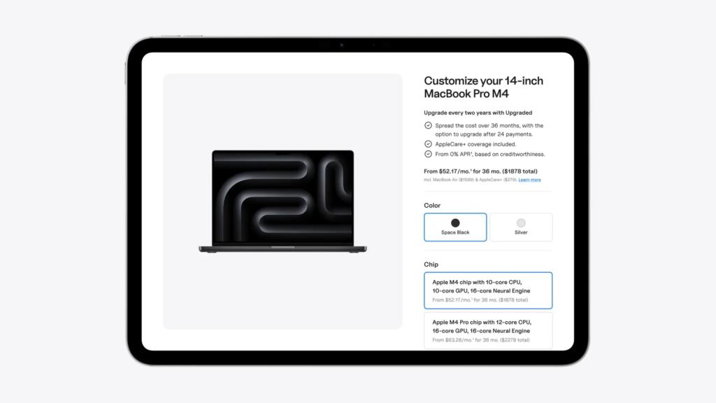 2._Customize_MacBook_Pro Screenshot shows how to finance MacBooks with Upgraded's iPad app