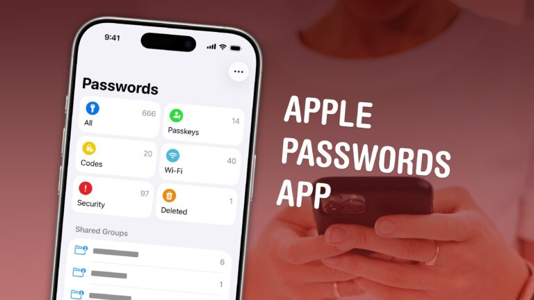 Apple Passwords App graphic, with a photo of a woman typing a password into her iPhone