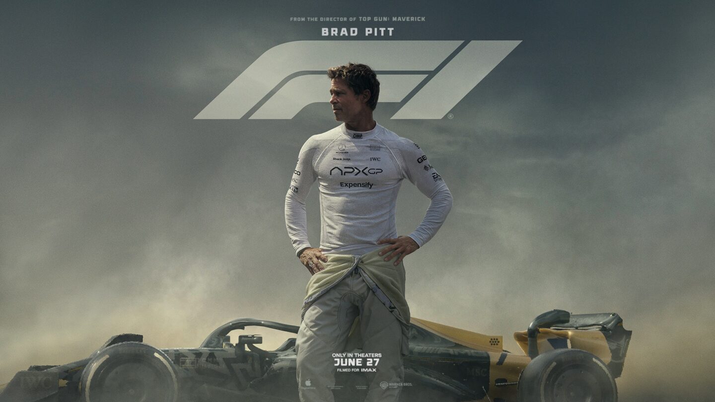 Promotional image for "F1: The Movie" showing actor Brad Pitt.