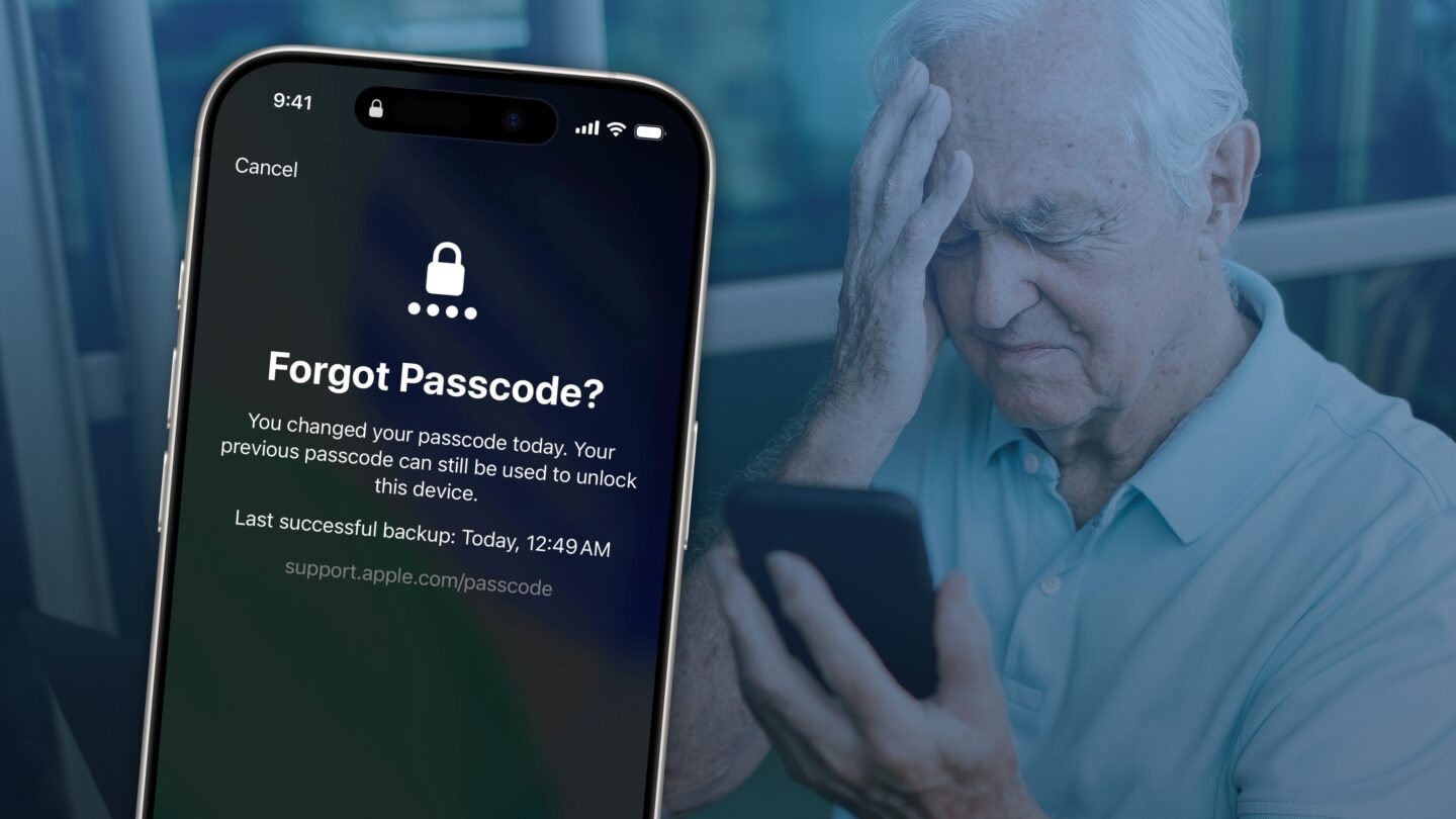 Forgot iPhone Passcode graphic, showing the Forgot Passcode screen and an image of a man looking at his phone confused