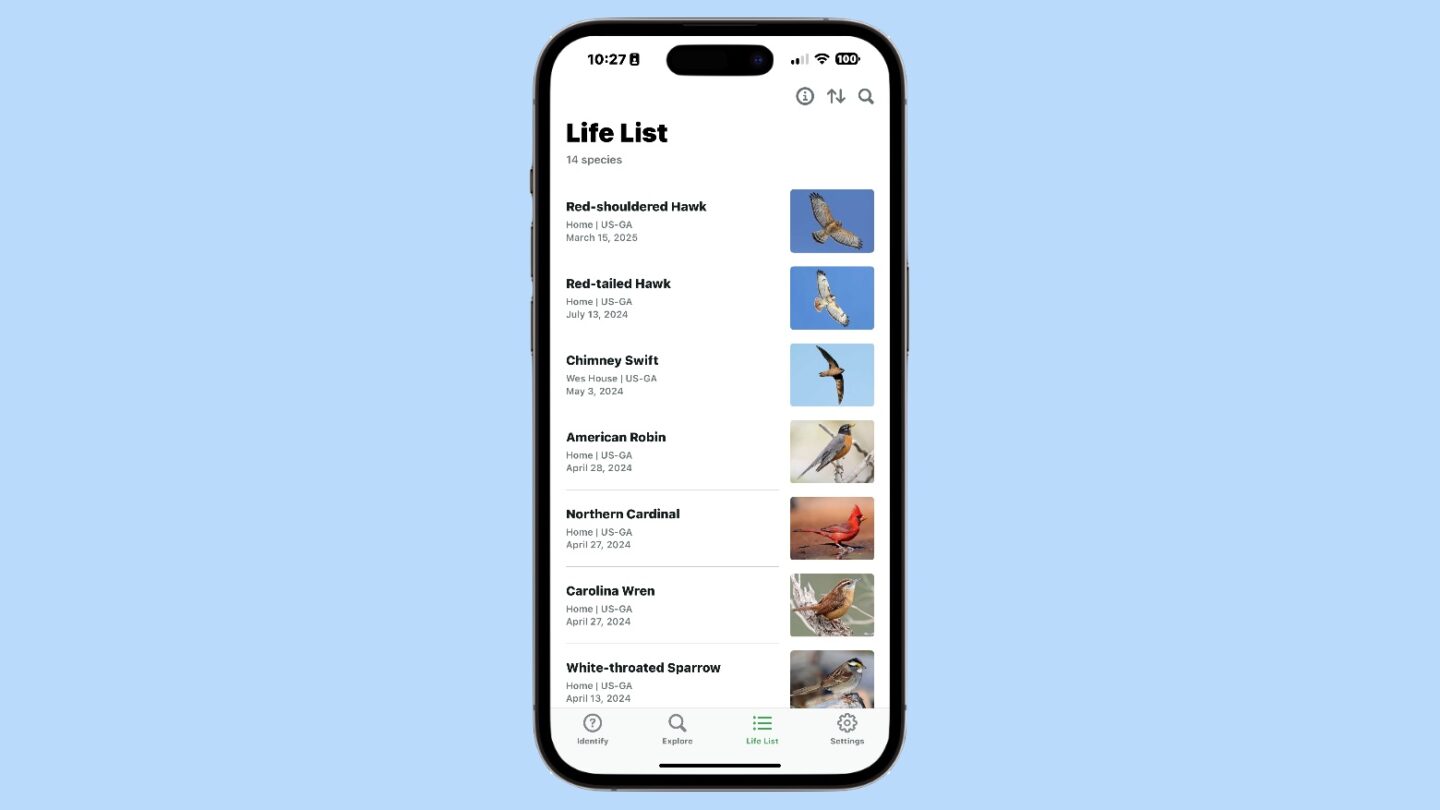 Merlin Bird ID life list