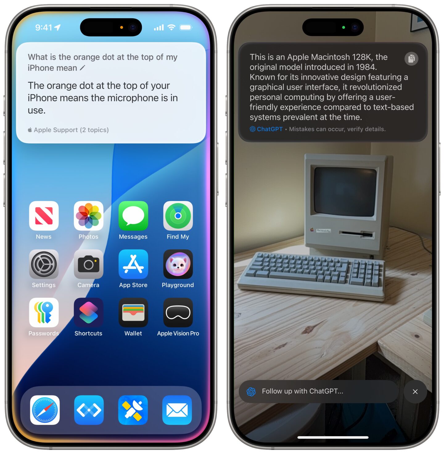Orange and green dots at the top of an iPhone, talking to Siri and using Visual Intelligence.