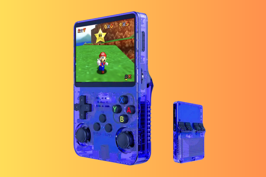 Product shot of blue Retropian Color handheld gaming console