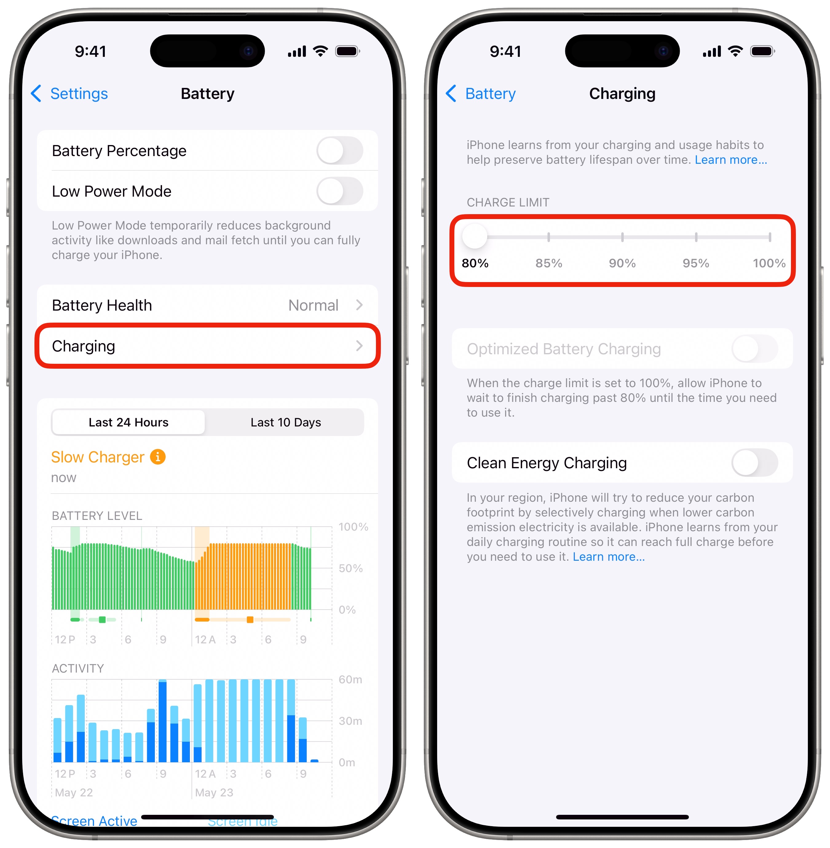 Set Battery Charge Limit Screenshot showing setting a battery charge limit of 80% to preserver iPhone battery health