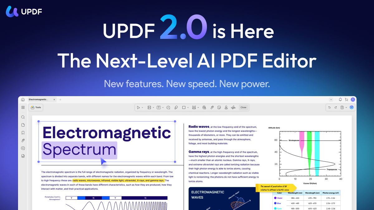 Marketing image for UPDF 2.0, "the next-level AI PDF editor."
