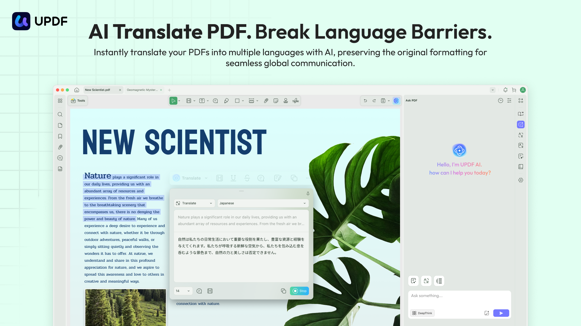 UPDF 2 AI Translate PDF An image showing a screenshot of UPDF 2.0's Mac user interface, with the words "AI translate PDF. Break language barriers."