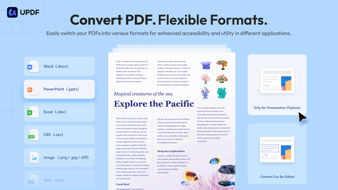 UPDF 2 Convert PDFs A UPDF marketing image showing text on a screen, with the headline "Convert PDF. Flexible formats."