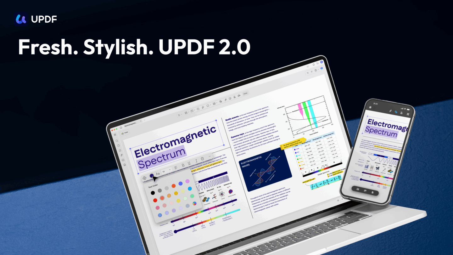 UPDF 2 PDF editor for Mac A marketing image for UPDF PDF editing software showing an iPhone and a MacBook. The headline reads, "Fresh, stylish, UPDF 2.0."