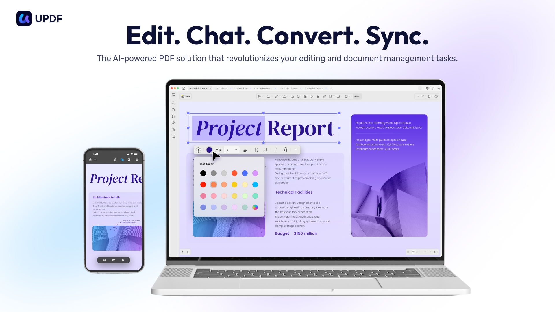 UPDF 2 edit PDFs Marketing image for UPDF showing an iPhone and a MacBook with the headline "Edit. Chat. Convert. Sync."
