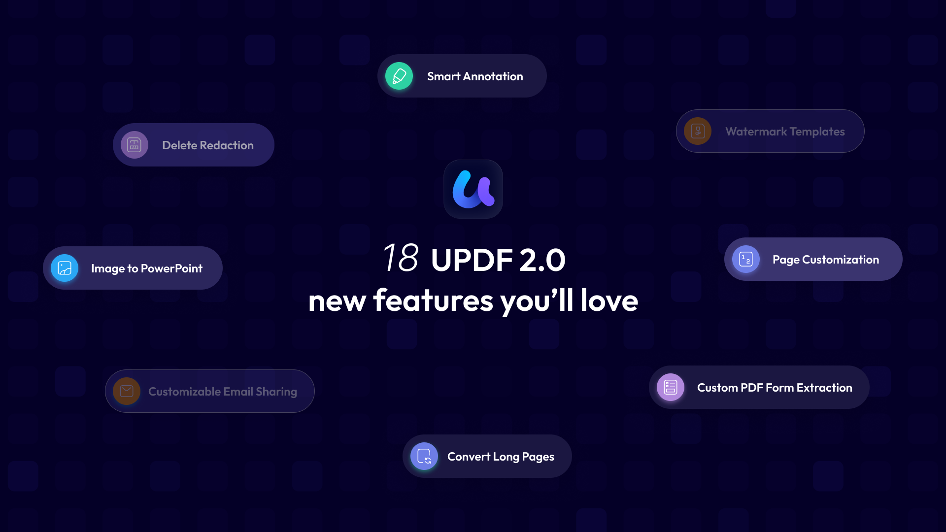 UPDF 2 new features A marketing image labeled "18 UPDF 2.0 new features you'll love."
