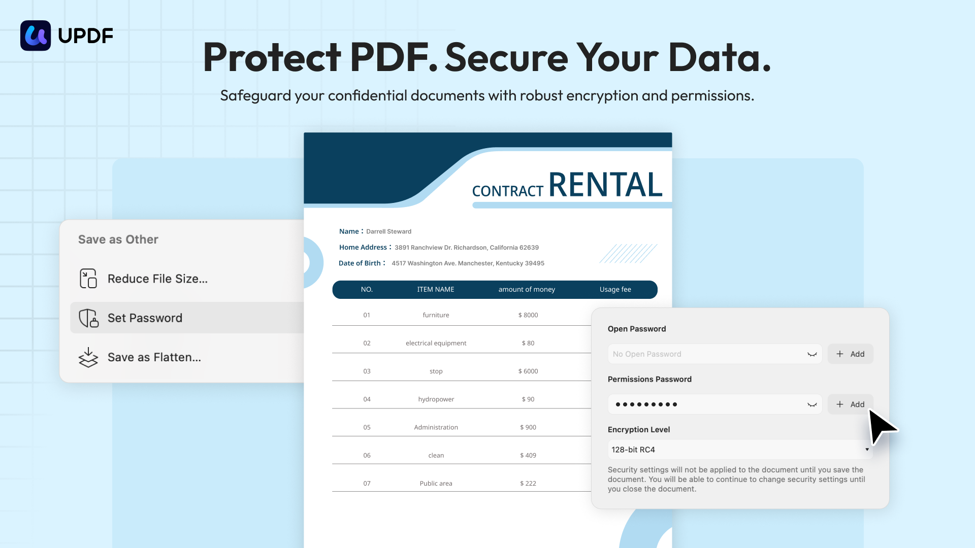 UPDF 2.0 Protect PDFs Marketing image for UPDF 2.0. with headline "Protect PDF. Secure your data."
