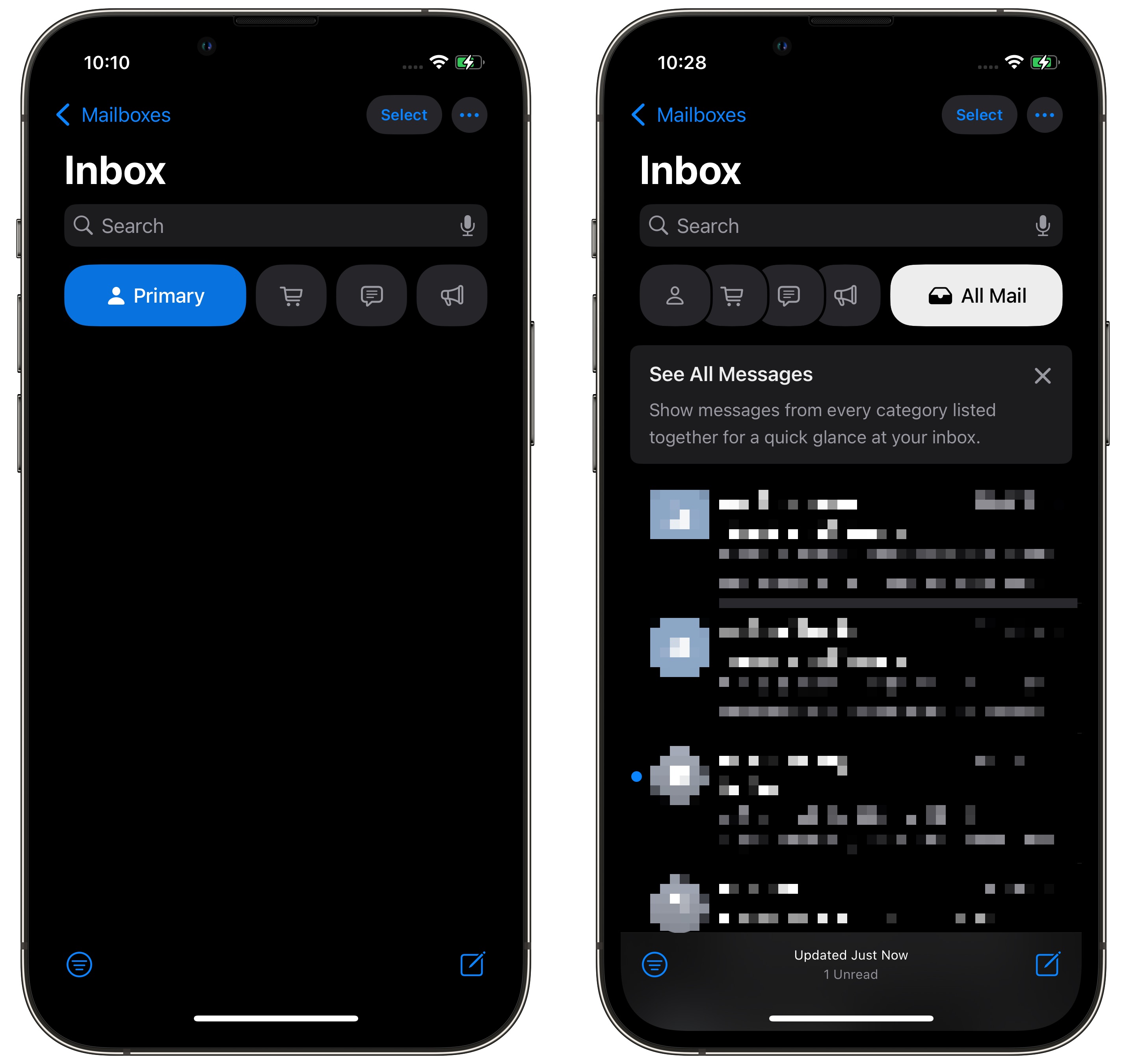 Mail app in iOS 18.4 vs iOS 18.5