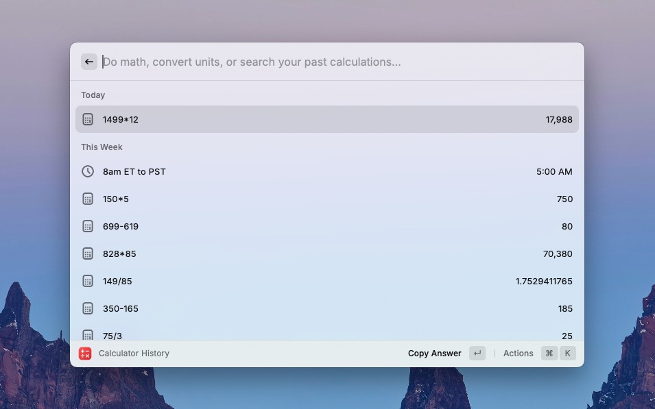 Screenshot Raycast Calculator history