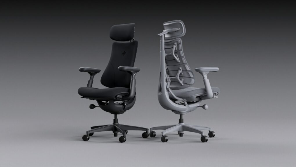 Computer renders of the LiberNovo Omni massaging office chair.