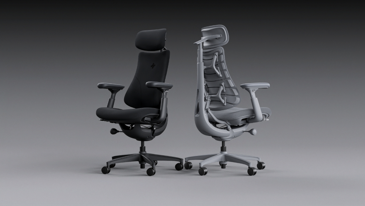 Computer renders of the LiberNovo Omni massaging office chair.