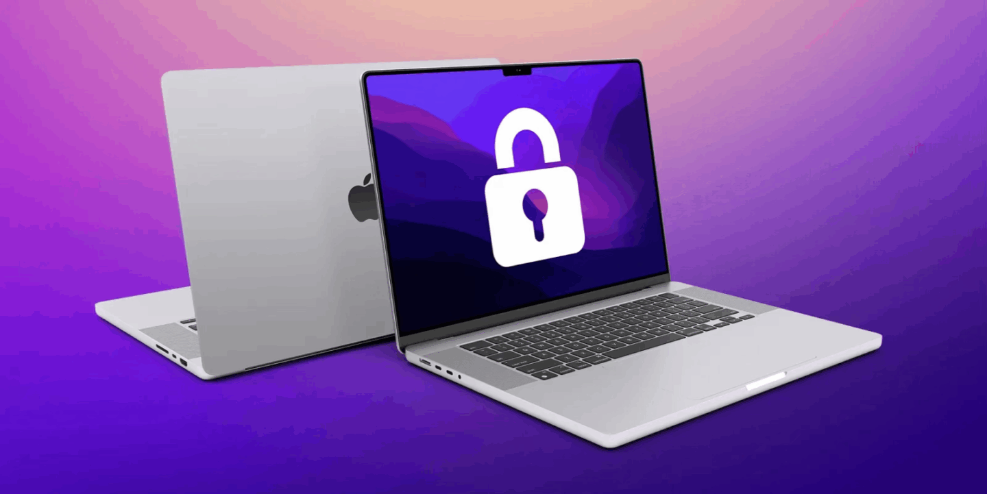 An illustration showing two MacBooks back-to-back, with a large lock on the screen of one of them, to indicate a Mac VPN.