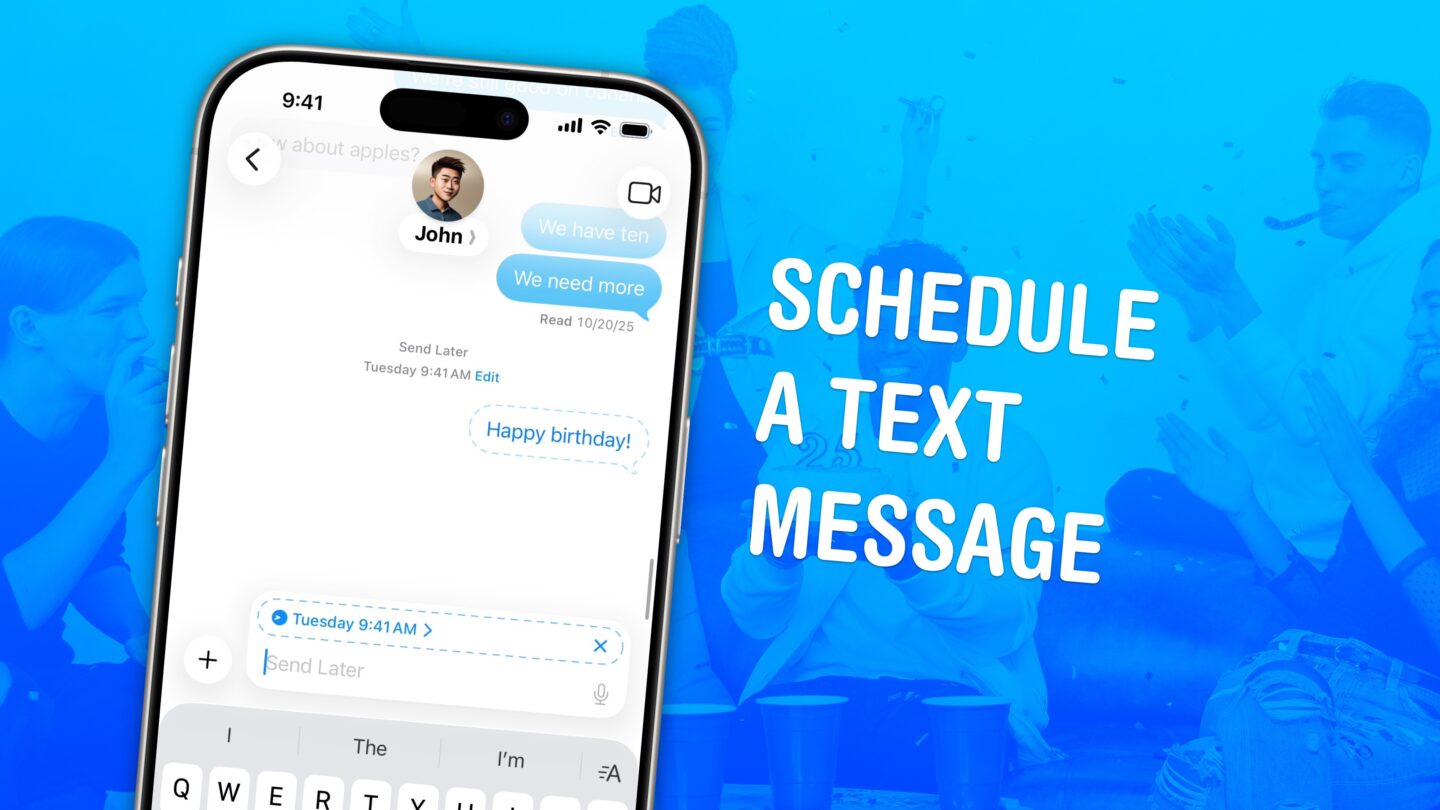 Image showing how to schedule a text message on iPhone with a photo of a birthday party