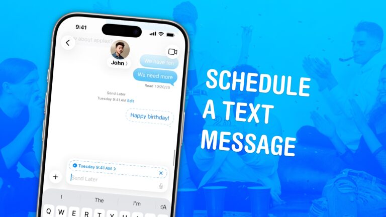 Image showing how to schedule a text message on iPhone with a photo of a birthday party