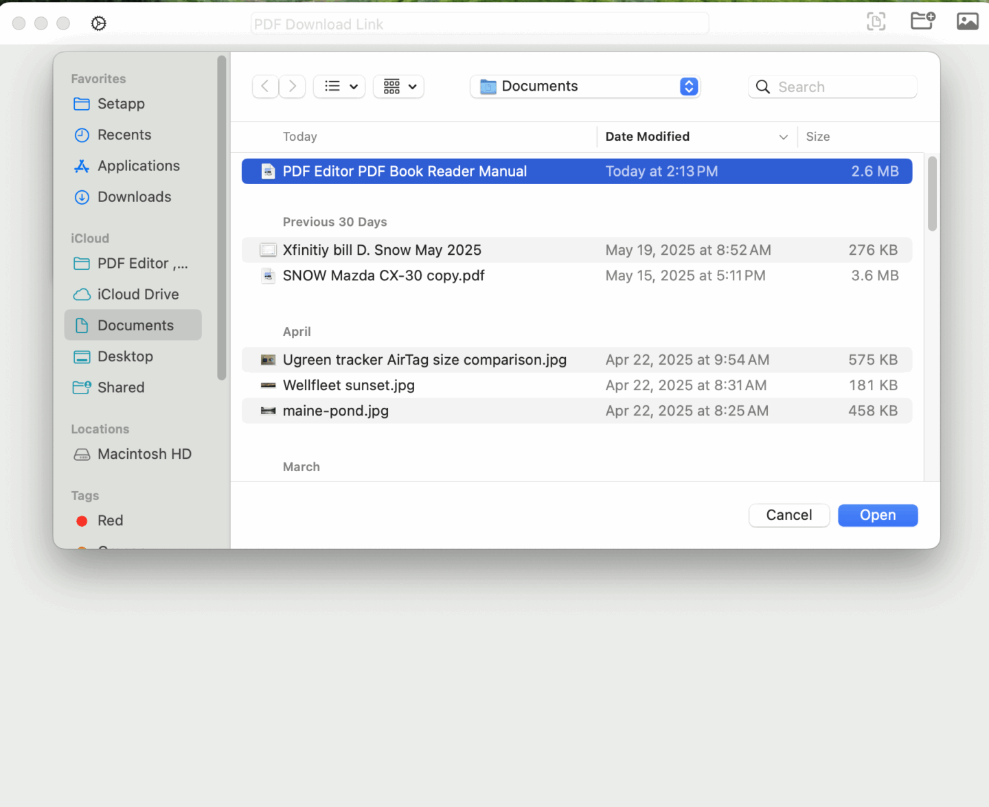 Selecting PDF to add
