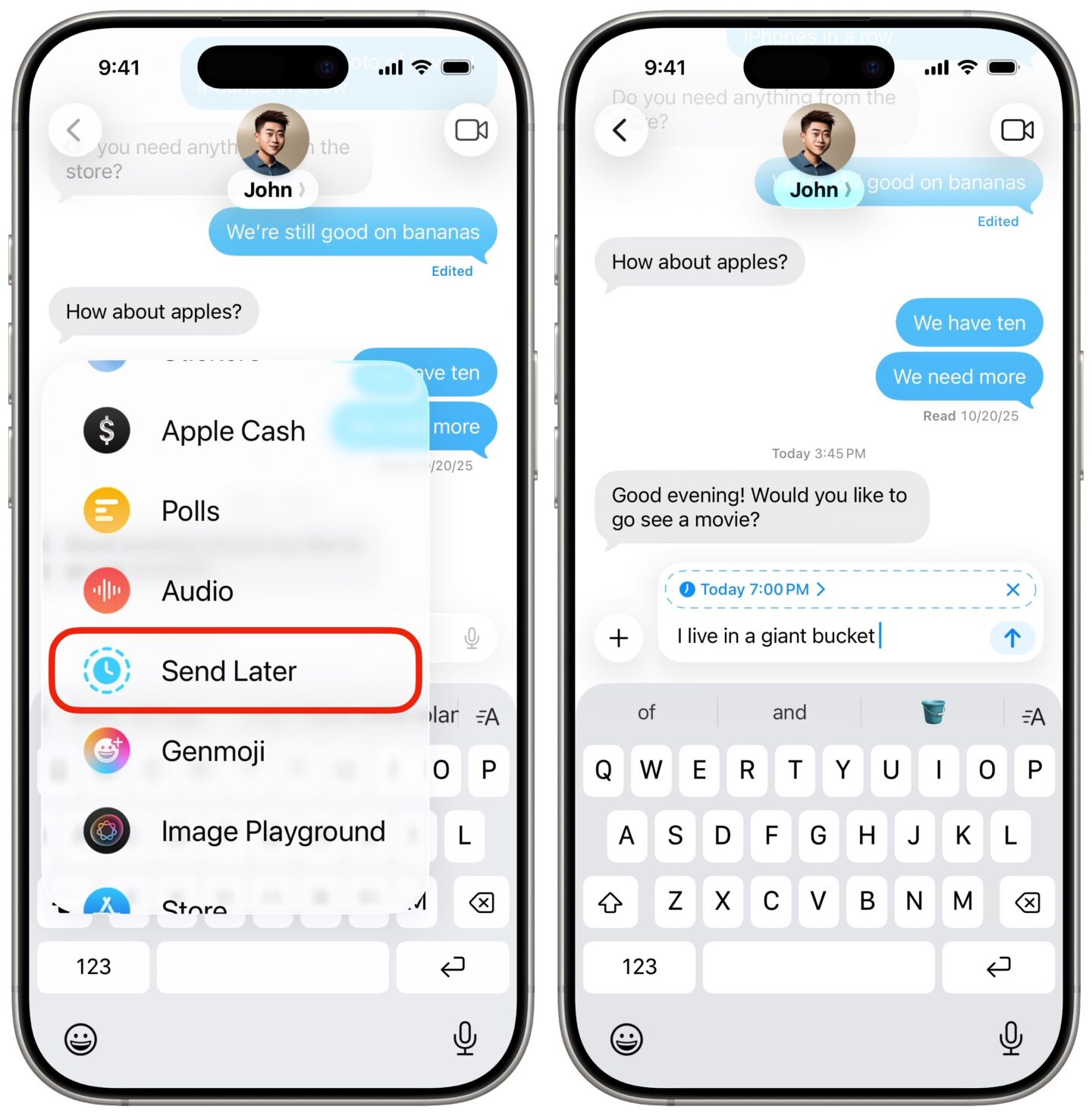 Scheduling a text to send later in Messages