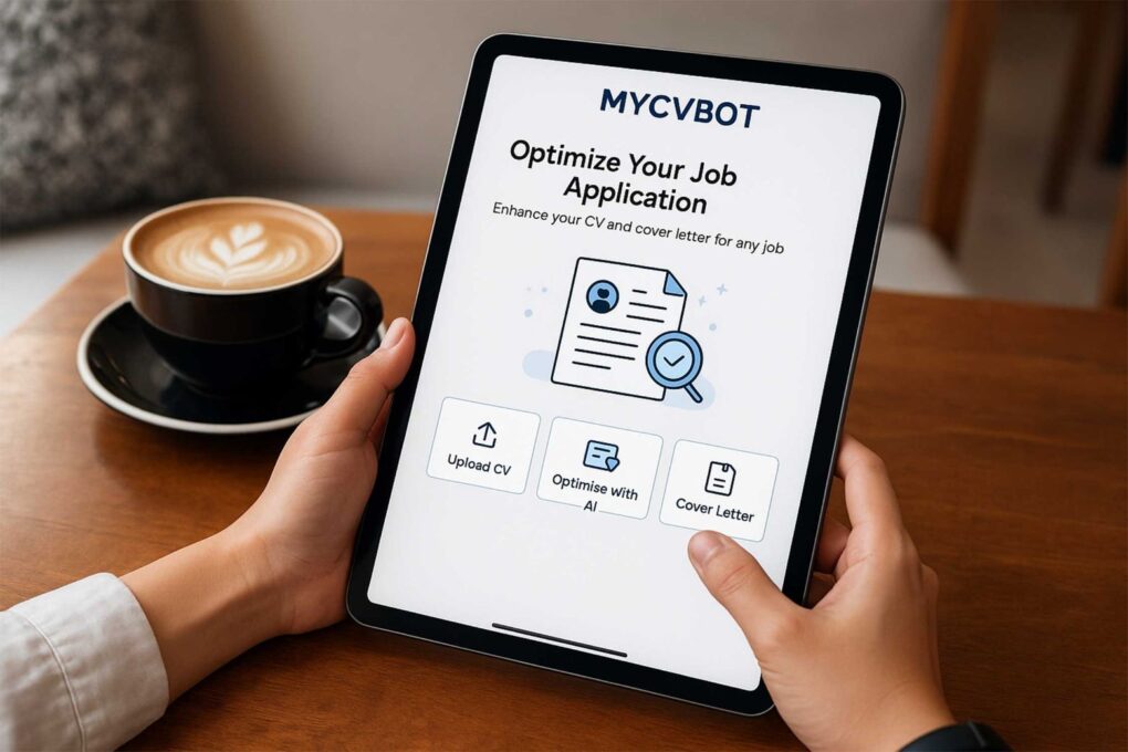 Photo of a person using MyCVBot AI resume builder on a tablet