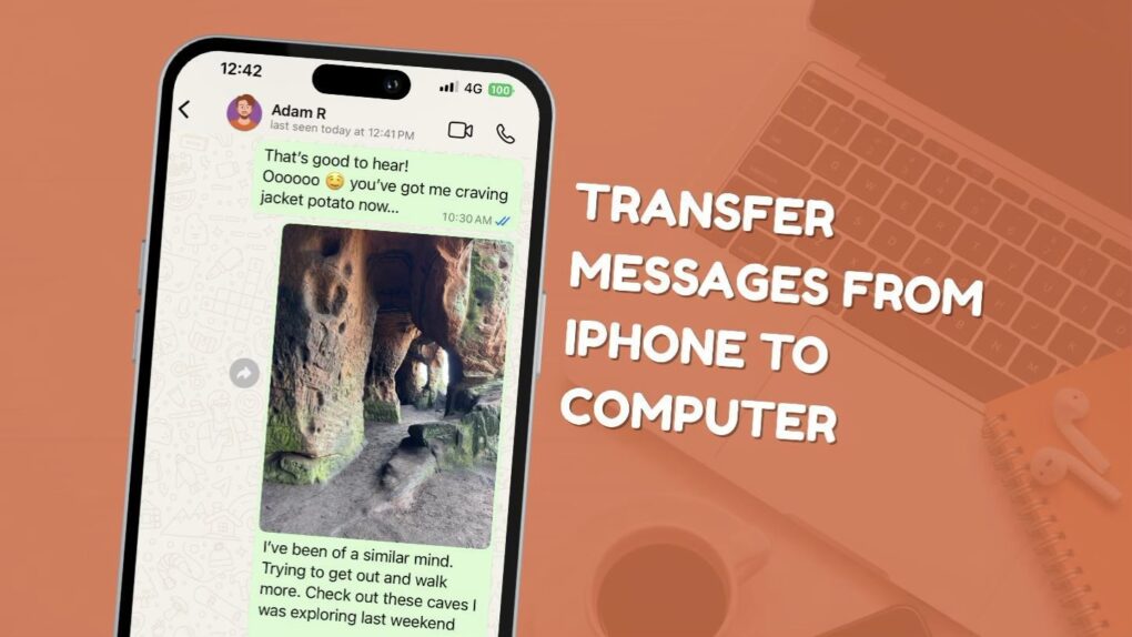 A screenshot of an iPhone with a WhatsApp chat, and the words 